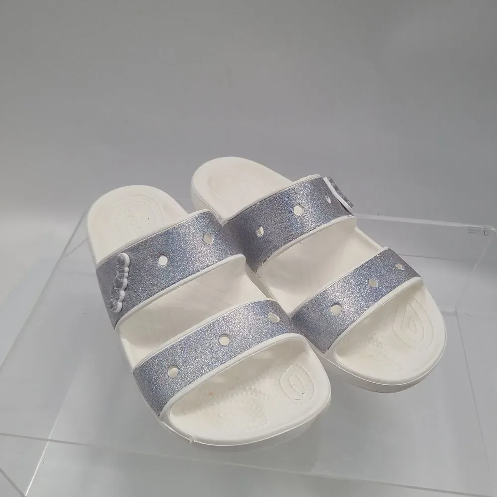 Crocs Classic Silver Glitter Wmn Sz 11 Men 9 Sandal White Double Strap Open Toe